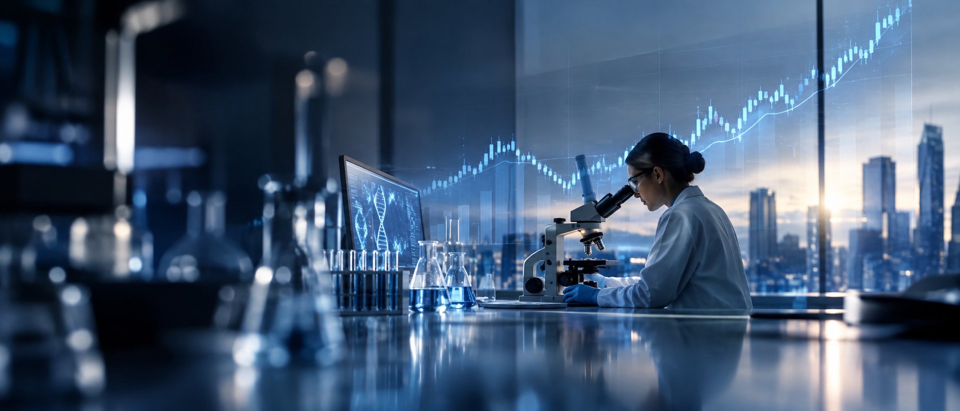 Clean laboratory scene blended with an upward stock chart