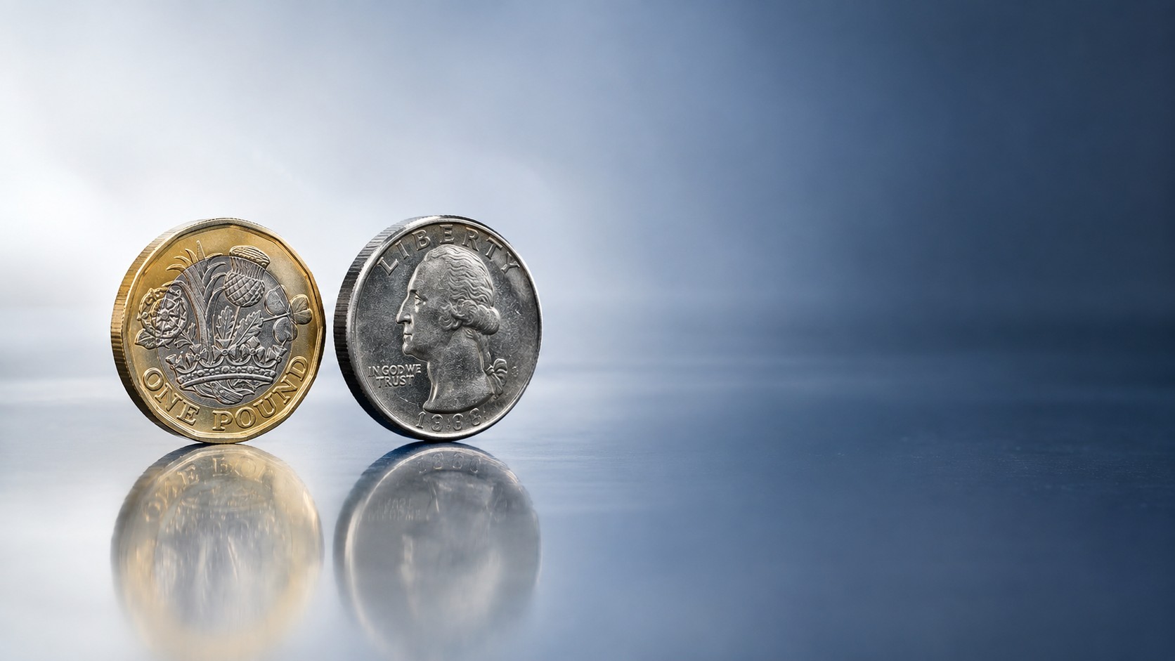 British pound coin and a us dollar coin facing each other on a reflective surface