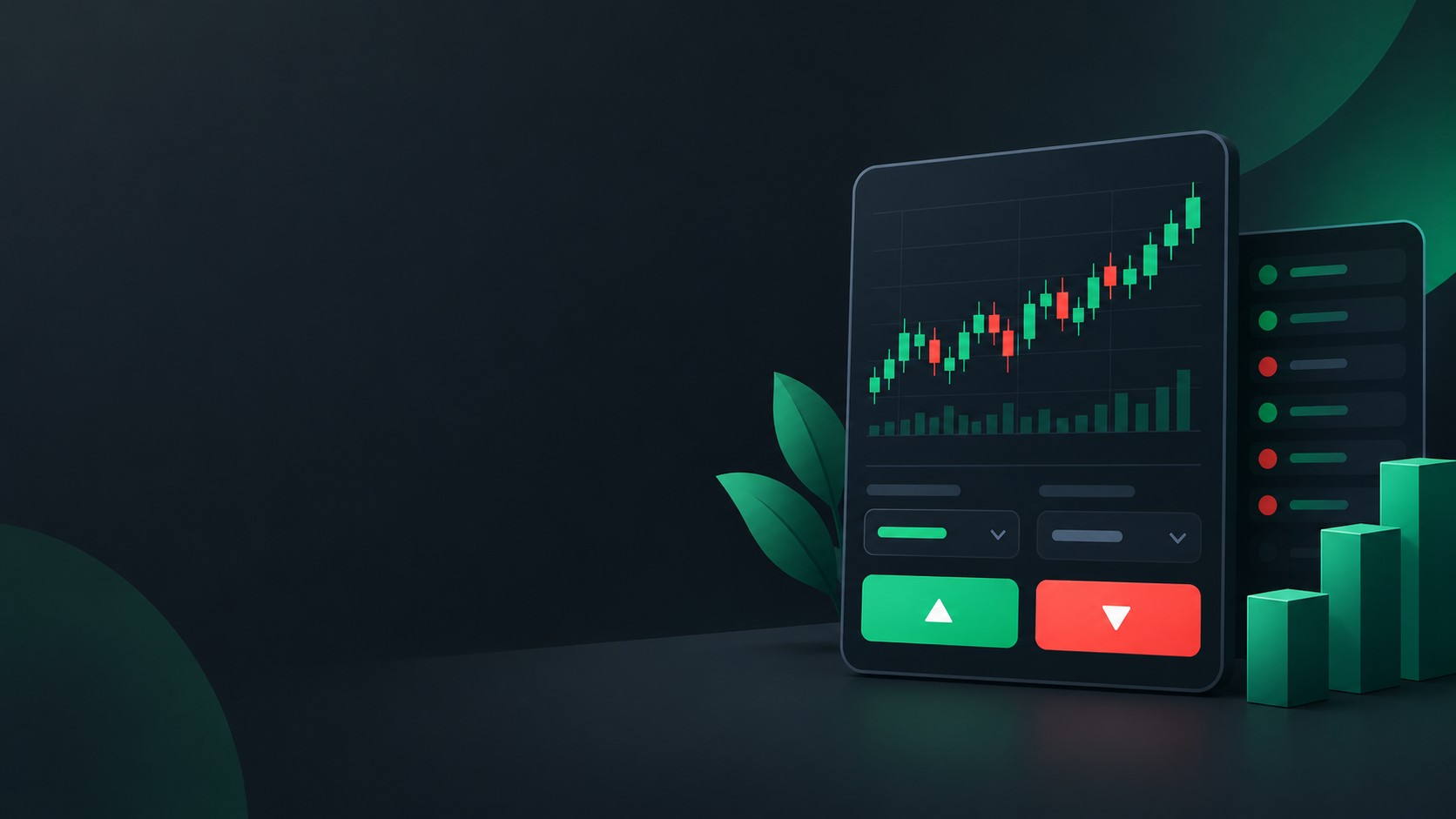 Clean buy and sell panel with green and red buttons and a candlestick chart