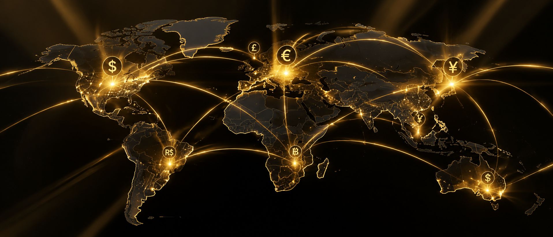Dark world map with glowing currency flow lines connecting major financial centers